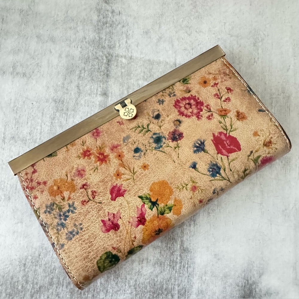 Patricia Nash Cauchy Leather Frame Wallet Floral Prairie Rose RFID Tan Red